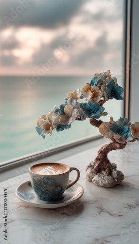 A cup of latte rests on a windowsill, overlooking a tranquil ocean vista, alongside a decorative floral bonsai tree.