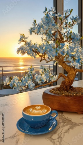 A beautiful sunrise view from a cafe window, featuring a blue coffee cup and saucer, a bonsai tree with light blue flowers, and a serene beach vista.