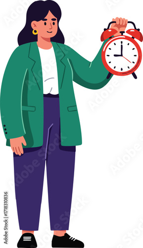 Woman holding red alarm clock with green jacket purple pants and black shoes vector illustration 