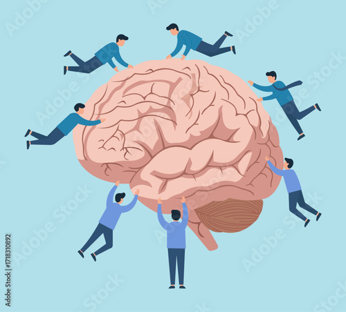 Flat vector of teamwork around a human brain, symbolizing collaboration, mental health, research, and shared knowledge