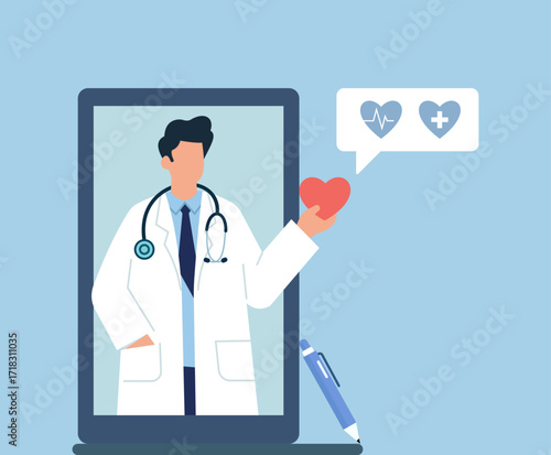 Flat vector of telemedicine doctor on tablet holding heart, symbolizing virtual healthcare, digital care, and remote medical support