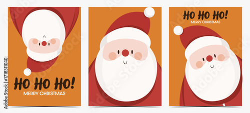 Ho, ho, ho Merry Christmas - cute set of Christmas greeting cards, postcards, invitations with Santa Claus on vibrant orange background, vector illustration