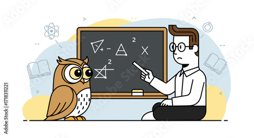Smart Owl Watching Teacher Explain Math Equations Clearly On Chalkboard