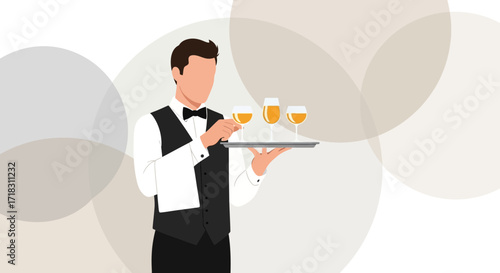 Smartly Dressed Bartender Presents Drinks On Tray Amidst Decorative Abstract Shapes