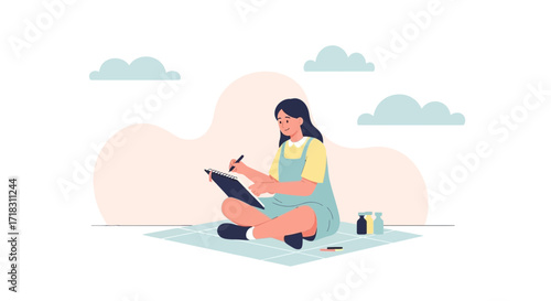 Smiling Artist Sits And Draws On A Clear Day, In Flat Design Illustration Style