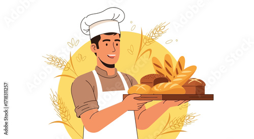 Smiling Baker Presenting Fresh Baked Goods on Tray with Golden Background