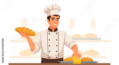 Smiling Baker Presenting Loaf Of Bread While Preparing Other Pieces With Delicious Vibe