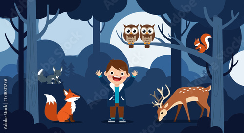 Smiling Boy Explores Forest Amidst Fox, Deer, Owls, And Squirrels, Under Moonlight