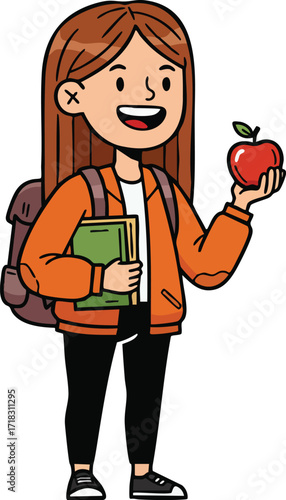 Smiling schoolgirl holding red apple and books with backpack in casual outfit vector illustration 