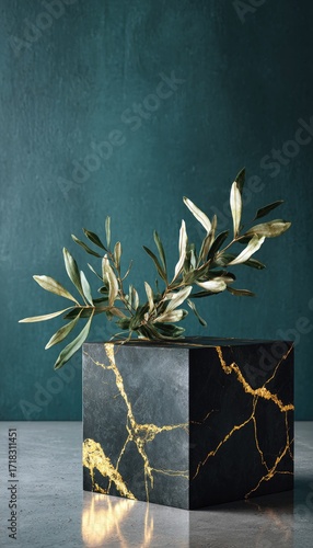 A dark gray cube, adorned with gold marbling, sits against a teal backdrop, featuring a sprig of olive branches.