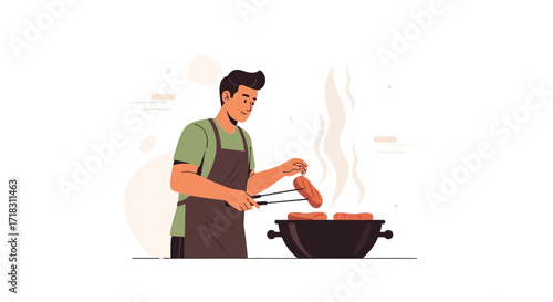 Smiling Man Grilling Sausages On A Barbecue Outdoors In Summertime For A Feast