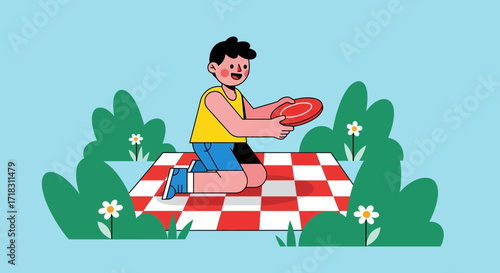 Smiling Person Preparing To Toss Frisbee On Red And White Checkered Picnic Blanket