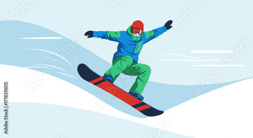 Snowboarder in Mid-Air Executes a Powerful Winter Sports Maneuver in a Colorful Composition