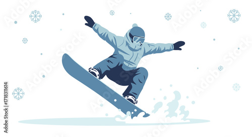 Snowboarder Jumps High In Winter With Snowflakes Falling Around The Figure