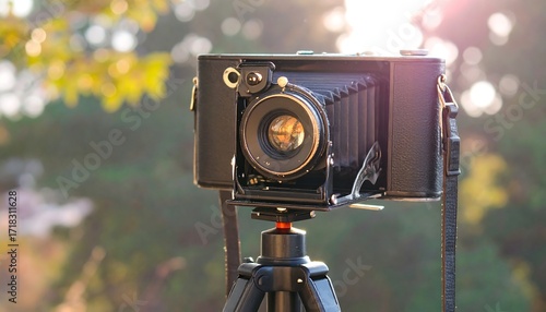 Vintage camera on tripod in a natural setting