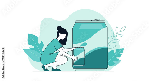Soda Can Interaction Depicted: A Young Lady Interacting With A Refreshing Beverage