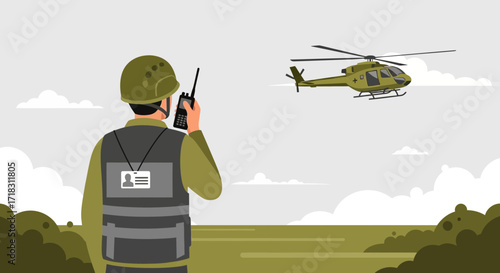 Soldier Communicating With A Helicopter, Watching And Directing Aerial Operations Now