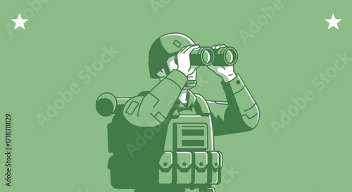 Soldier Observes Through Binoculars, Army Surveillance With Green Background And Stars