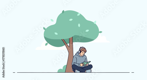 Solitude And Serenity: A Person Reading Under A Tree While Using Headphones