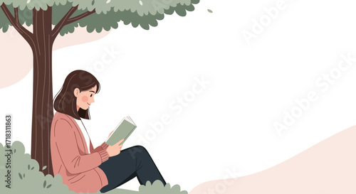Solitude Under A Tree: A Young Woman Reading A Book in Peaceful Nature
