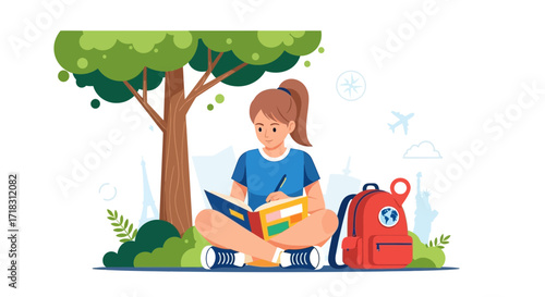 Student Enjoying Themselves Reading And Planning Future Global Journeys Outdoors