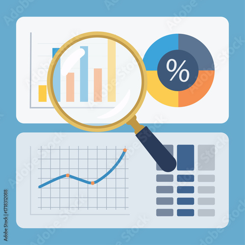 Flat vector illustration of data analysis with charts, graphs, and metrics, symbolizing business intelligence and performance tracking
