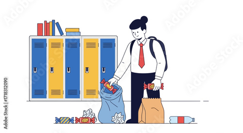 Student Disposing Treats Near Lockers, Illustrating Habits, Wellbeing, And Dietary Choices