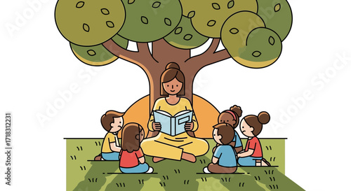 Students Sitting Around Teacher Reading Book Under A Tree Enjoying Outdoor Lesson Time