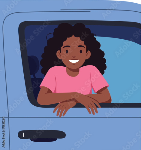 Happy young woman looking out of car window smiling wearing pink shirt vector illustration 