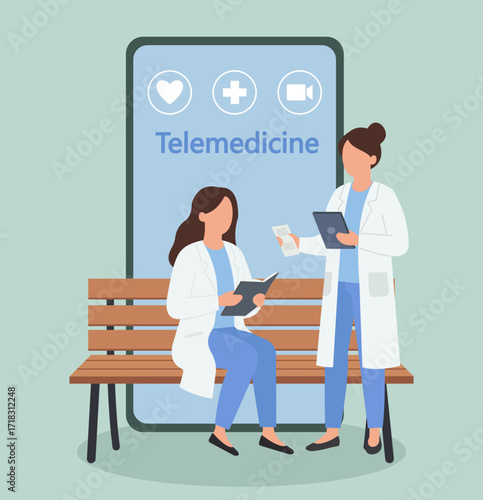 Flat vector illustration of doctors using telemedicine technology for remote healthcare consultation and digital medical services