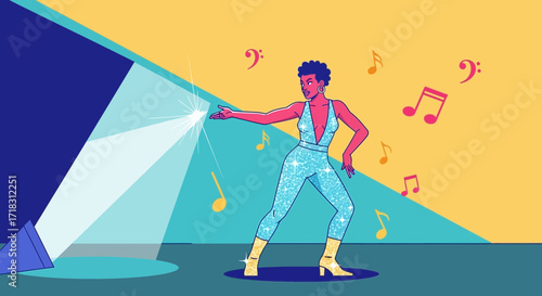 Stylish Dancer Illuminated By Stage Light Performing To Musical Notes With Vibrant Colors