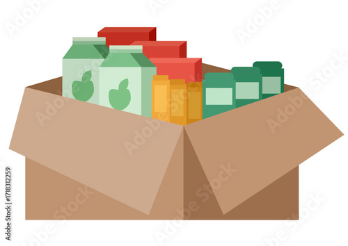 Brown cardboard box filled with various food products and essentials. Flat illustration representing charity, donation, and humanitarian aid.