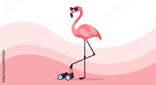 Stylish Flamingo, Observing The World Through Binoculars In A Pink, Abstract Scene