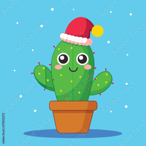 Adorable cartoon christmas cactus wearing a santa hat and smiling with rosy cheeks standing in a terracotta pot against a snowy blue background perfect for holiday greetings and winter decorations