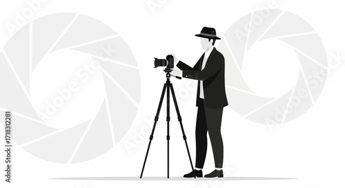 Stylish Photographer Preparing To Capture Unique Photos With A Modern Camera and Tripod