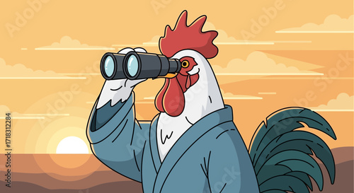 Stylish Rooster Observes Horizon With Binoculars Against a Sunset Backdrop