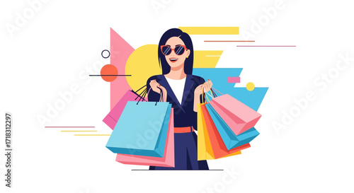 Stylish Shopper Enjoying Discounted Merchandise With Colorful Shopping Bags and Sunglasses