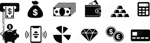 Finance icons, money symbols, banking tools, savings, investment, currency, mobile payment, credit card, piggy bank, calculator, wallet, ATM, gold