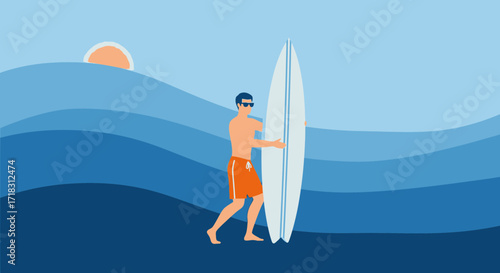 Surfer Carries Surfboard Toward Coastal Waters At Sunset With A Blue Gradient Background.
