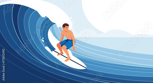 Surfer Rides Enormous Ocean Wave With Surfboard, Illustrated Coastal Adventure