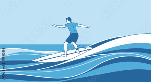 Surfer Rides Ocean Wave Enjoying Thrilling Watersport Activity With Modern Style Vector
