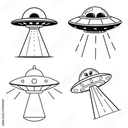 Collection of four hand drawn sketch style illustrations of classic flying saucers or ufos emitting beams of light isolated on a white background perfect for science fiction themes