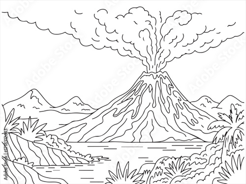 Explosive Lava Flow Erupting from a Volcano in a Mountainous Landscape