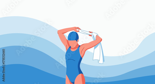 Swimmer Drying With Towel After Training, Water Background Is Displayed Beautifully