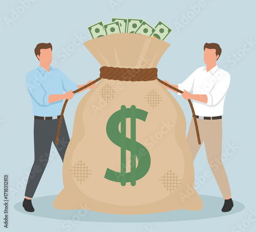 Flat vector of two people in tug-of-war over a money bag, symbolizing financial conflict, competition, or struggle for wealth