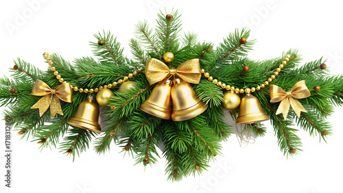 Christmas decoration with fir branch, gold bell, bow and garland isolated on transparent background festive ornament for winter holidays