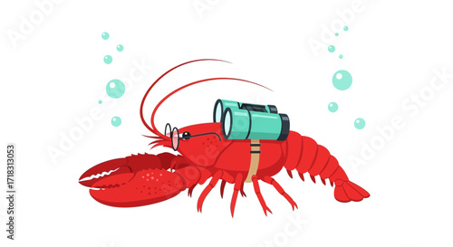 The Curious Lobster, Observing Underwater Life, Using Binoculars, Unique Cartoon Illustration