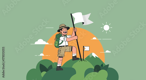 The Enthusiastic Hiker Reaching Summit and Planted Flag Celebrating Victory, Adventure