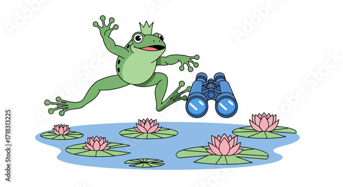 The Royal Frog's Leap Over Lily Pads With Binoculars Ready For An Admirable View