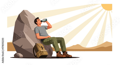 Thirsty Hiker Resting, Drinking Water, Enjoying Moment During Sunny Outdoor Adventure